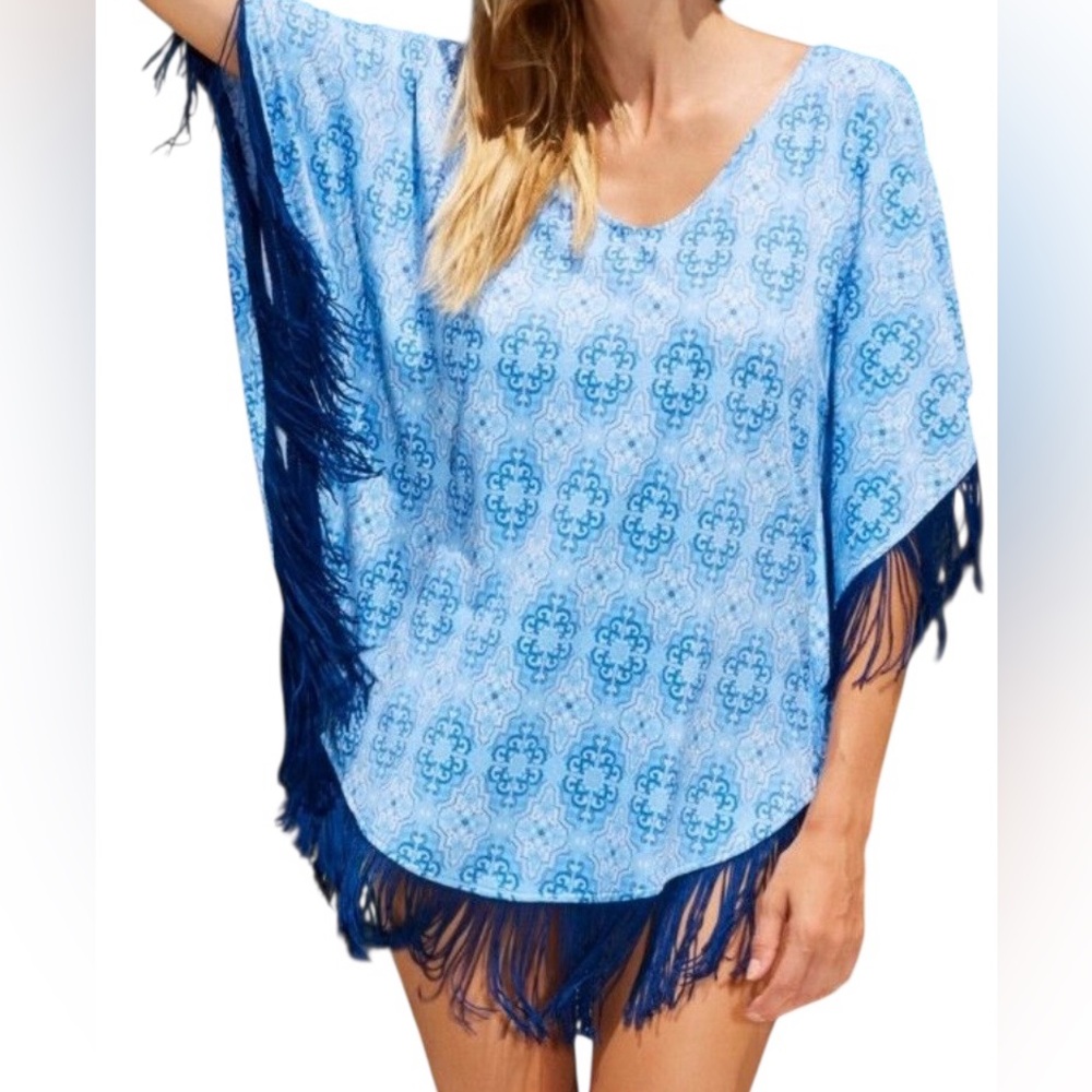 Cabana Life Blue Medallion Fringed Cover Up Dress UPF 50+ Large
